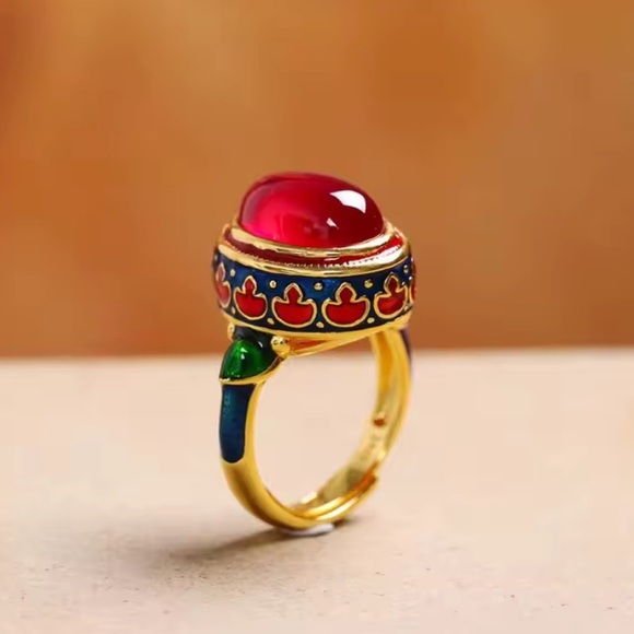 Anthropologie Jewelry - Anthropologie Gold Ring with Red Cabochon and Blue Enamel Accents